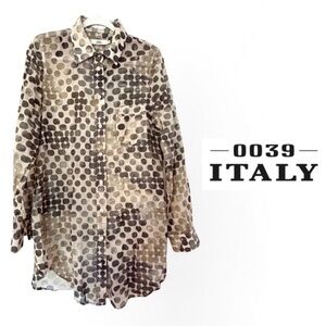 0039 ITALY Neutral Polka Dot Shirt Dress Coverup Long Sleeve Size M Designer